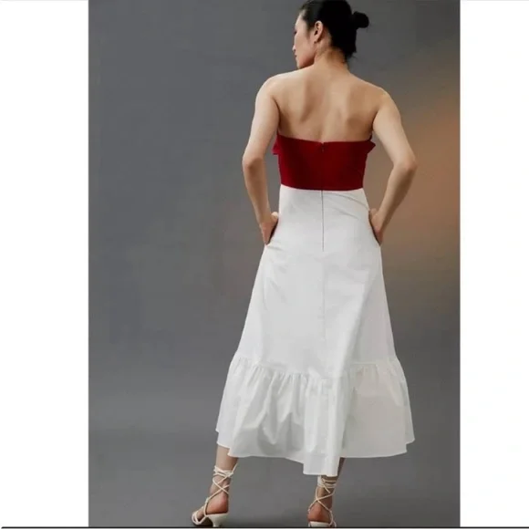 ANTHROPOLOGIE Bow Tie Maxi Dress Flounce Hem Strapless Red White Hutch NWT - Picture 4 of 8